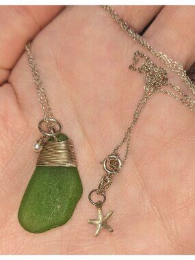 Handmade Sea Glass Pendant Necklace Green Silver Mermaidcore Nature